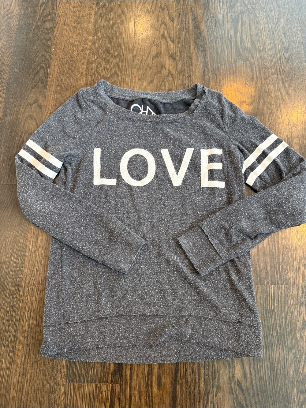 Chaser Heathered Charcoal Sweatshirt with White LOVE Print and Stripe Sleeves